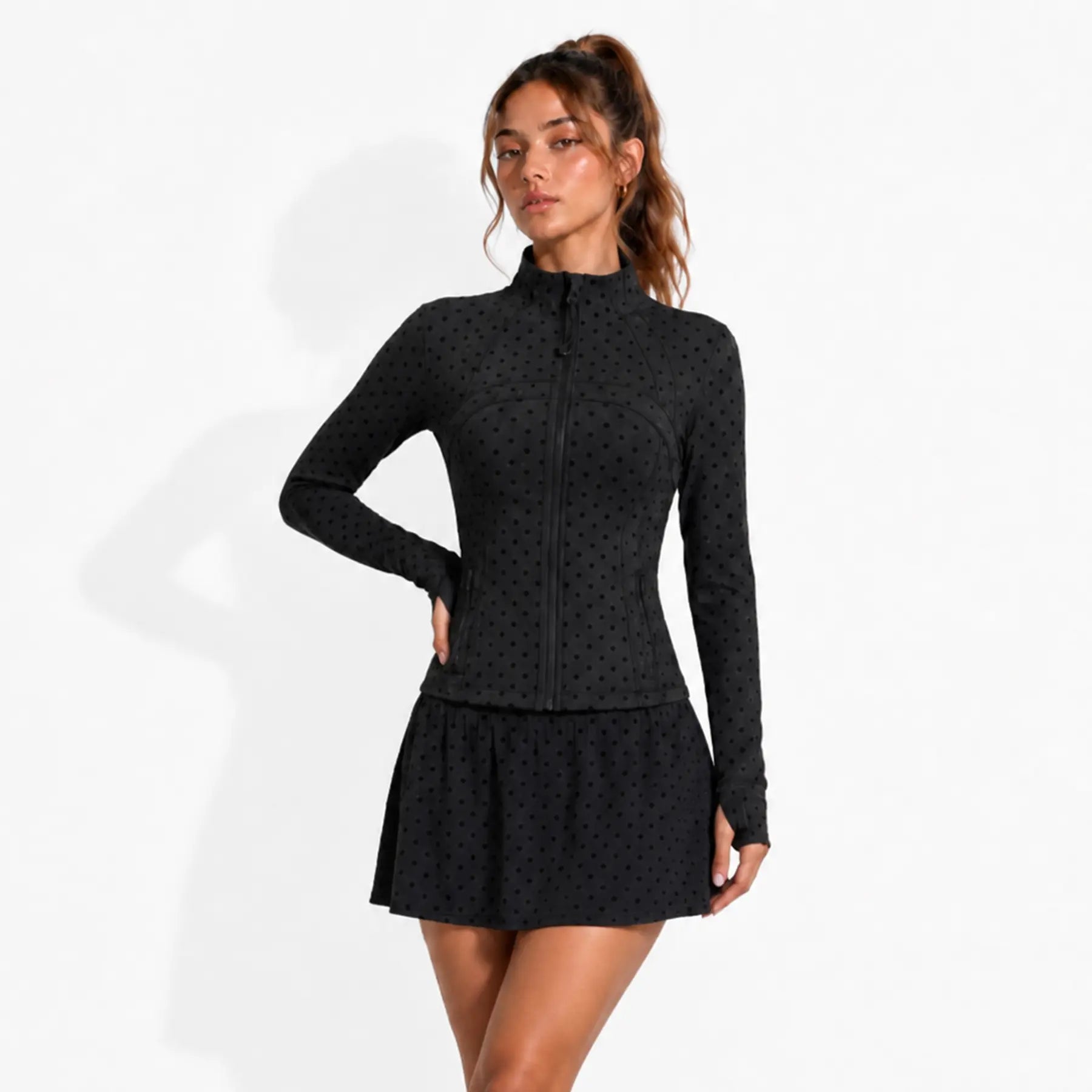 Elevate Your Workout Wardrobe with Our Chic Long Sleeve Zip-Up Polka Dot Jacket - Perfect for Yoga, Gym, Running, and More!