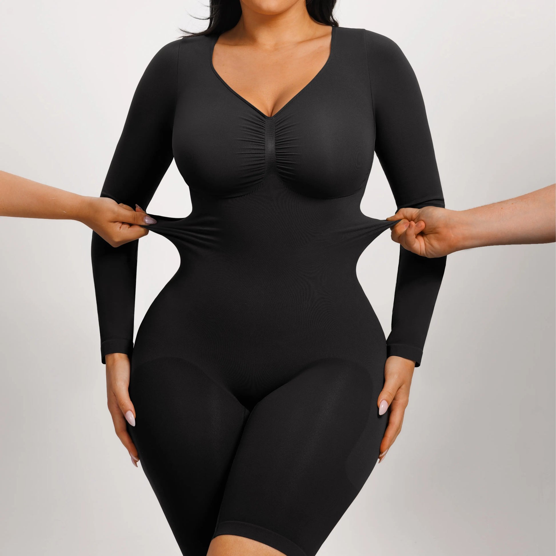 Elevate Your Style with the Feelingirl Women's Long Sleeve Tummy Control V-Neck Bodysuit - Perfectly Slimming and Stretchy for Any Occasion!