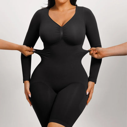 Elevate Your Style with the Feelingirl Women's Long Sleeve Tummy Control V-Neck Bodysuit - Perfectly Slimming and Stretchy for Any Occasion!