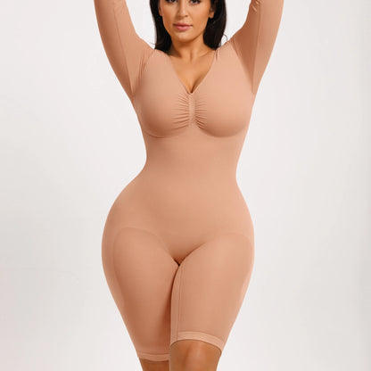 Elevate Your Style with the Feelingirl Women's Long Sleeve Tummy Control V-Neck Bodysuit - Perfectly Slimming and Stretchy for Any Occasion!
