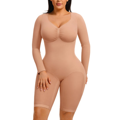 Elevate Your Style with the Feelingirl Women's Long Sleeve Tummy Control V-Neck Bodysuit - Perfectly Slimming and Stretchy for Any Occasion!