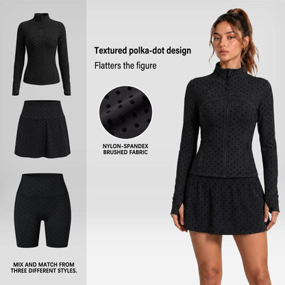 Elevate Your Workout Wardrobe with Our Chic Long Sleeve Zip-Up Polka Dot Jacket - Perfect for Yoga, Gym, Running, and More!