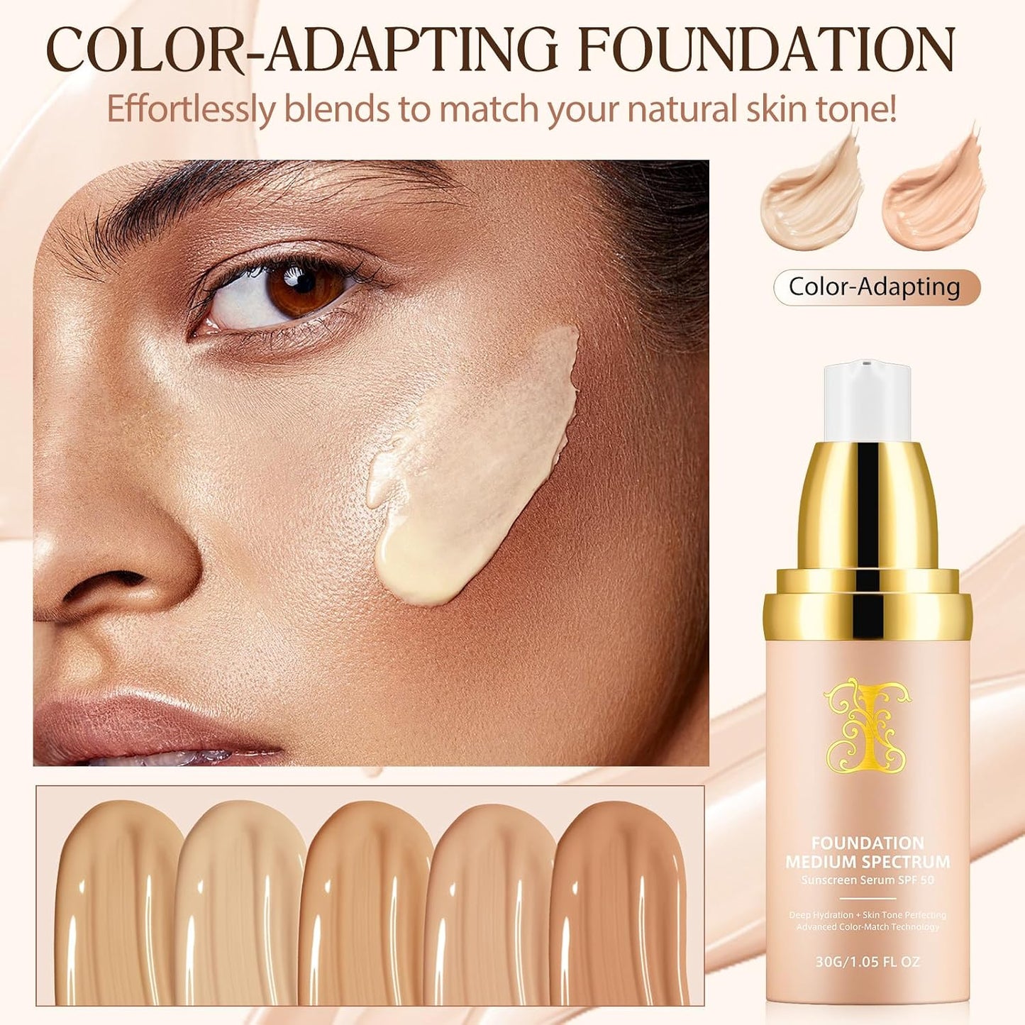 Transform Your Look with Our Colour Changing 4-in-1 Foundation: Medium Full Coverage, Hydrating Concealer with SPF 50+, Waterproof & Longwearing for Active Lifestyles