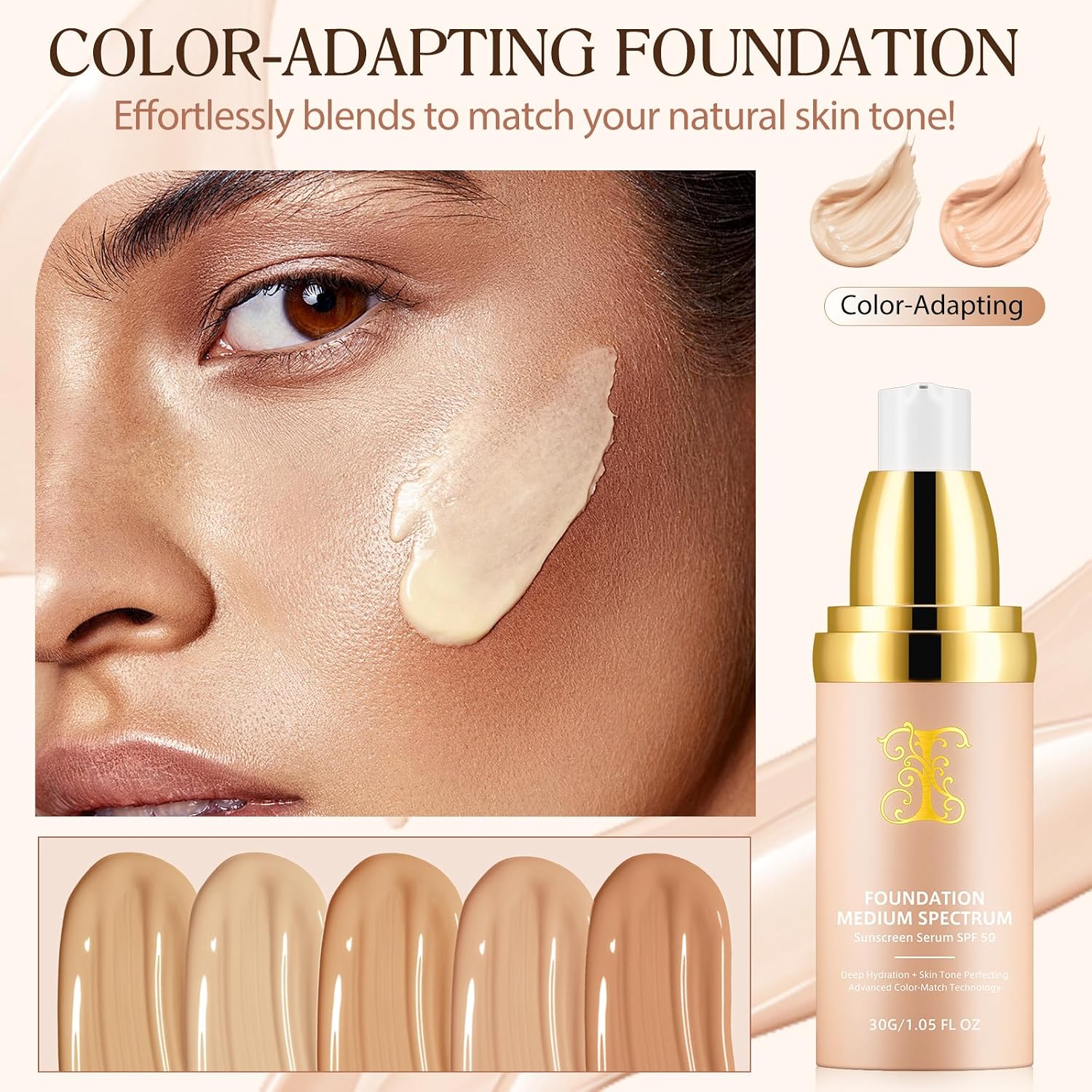 Transform Your Look with Our Colour Changing 4-in-1 Foundation: Medium Full Coverage, Hydrating Concealer with SPF 50+, Waterproof & Longwearing for Active Lifestyles