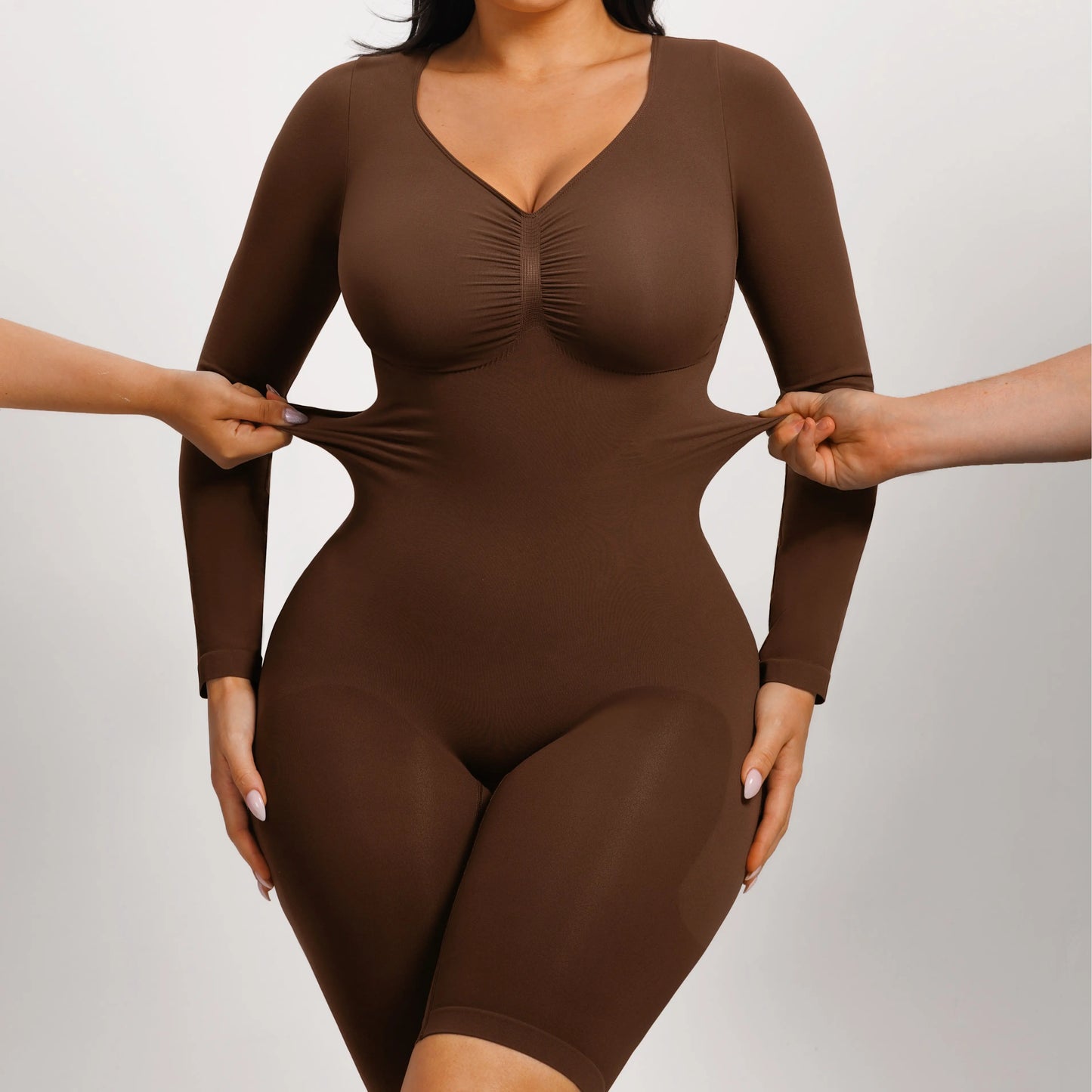 Elevate Your Style with the Feelingirl Women's Long Sleeve Tummy Control V-Neck Bodysuit - Perfectly Slimming and Stretchy for Any Occasion!