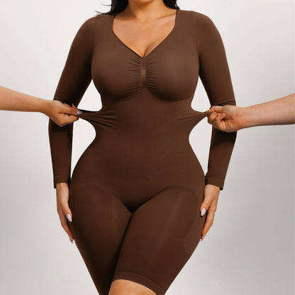 Elevate Your Style with the Feelingirl Women's Long Sleeve Tummy Control V-Neck Bodysuit - Perfectly Slimming and Stretchy for Any Occasion!