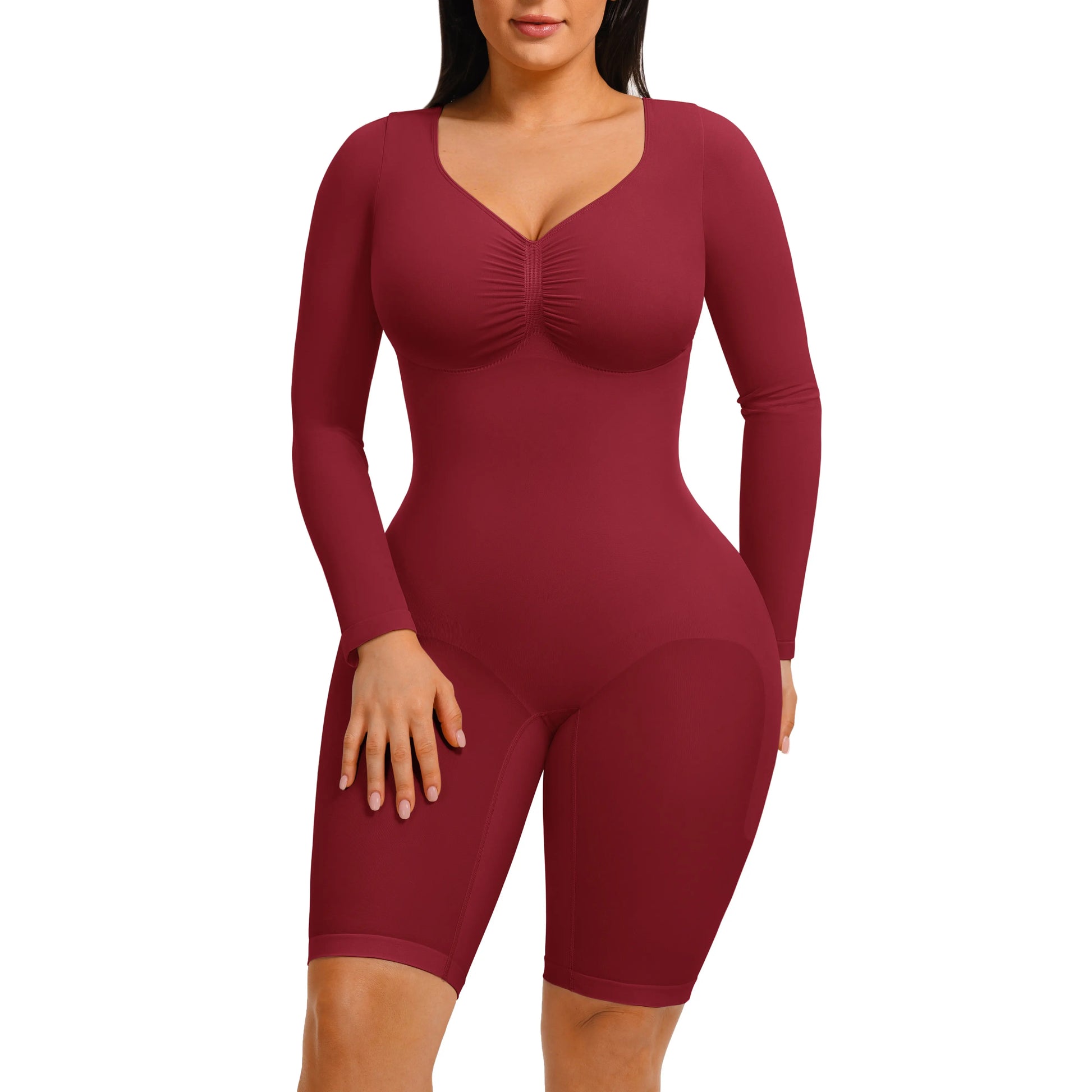 Elevate Your Style with the Feelingirl Women's Long Sleeve Tummy Control V-Neck Bodysuit - Perfectly Slimming and Stretchy for Any Occasion!