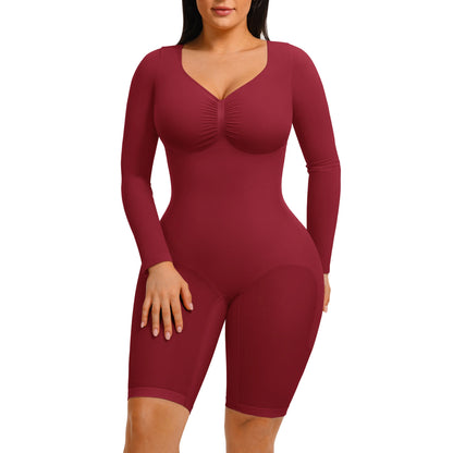 Elevate Your Style with the Feelingirl Women's Long Sleeve Tummy Control V-Neck Bodysuit - Perfectly Slimming and Stretchy for Any Occasion!