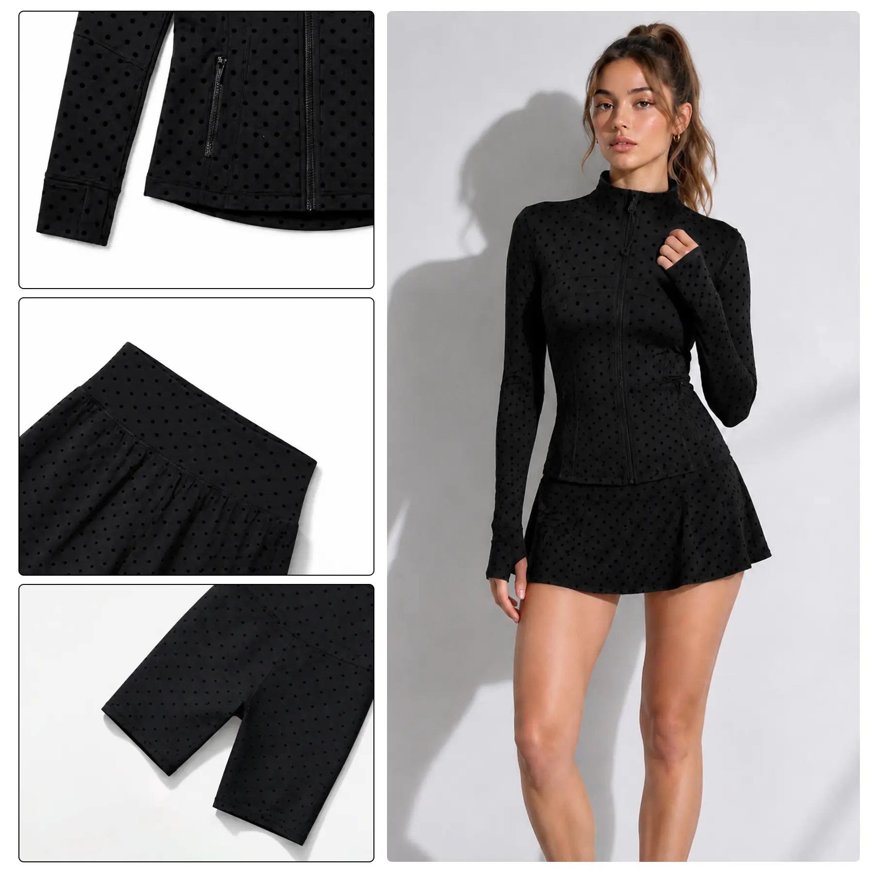 Elevate Your Workout Wardrobe with Our Chic Long Sleeve Zip-Up Polka Dot Jacket - Perfect for Yoga, Gym, Running, and More!