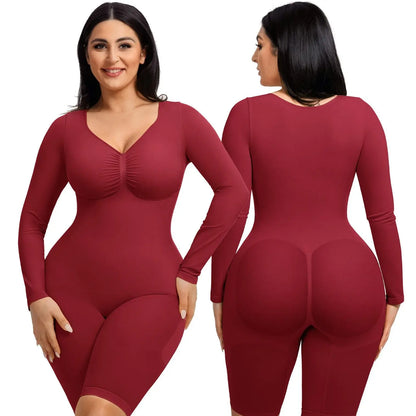 Elevate Your Style with the Feelingirl Women's Long Sleeve Tummy Control V-Neck Bodysuit - Perfectly Slimming and Stretchy for Any Occasion!
