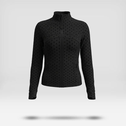 Elevate Your Workout Wardrobe with Our Chic Long Sleeve Zip-Up Polka Dot Jacket - Perfect for Yoga, Gym, Running, and More!