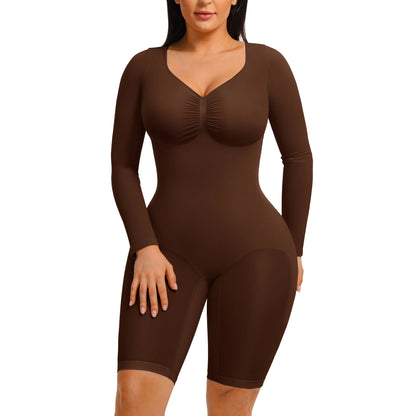 Elevate Your Style with the Feelingirl Women's Long Sleeve Tummy Control V-Neck Bodysuit - Perfectly Slimming and Stretchy for Any Occasion!