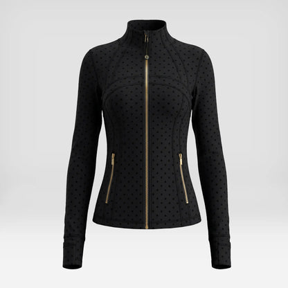 Elevate Your Workout Wardrobe with Our Chic Long Sleeve Zip-Up Polka Dot Jacket - Perfect for Yoga, Gym, Running, and More!