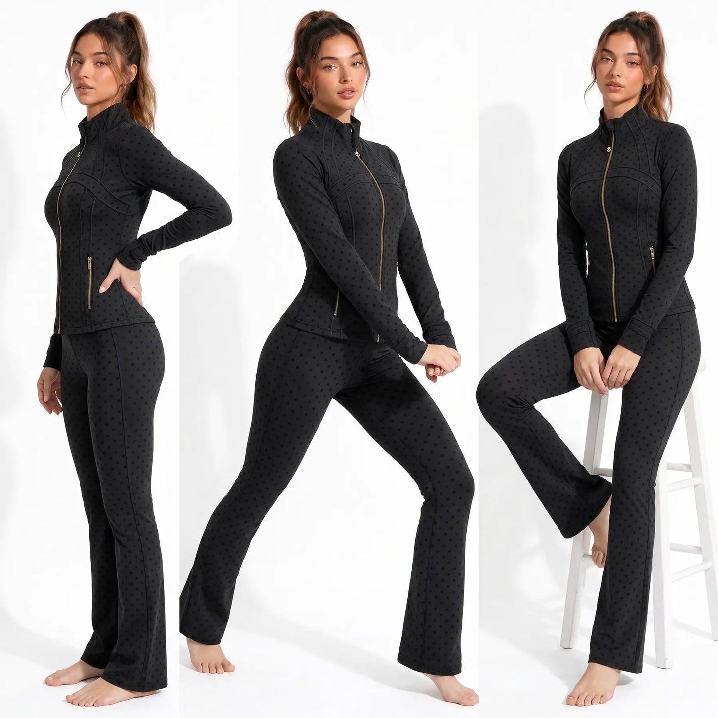 Elevate Your Workout Wardrobe with Our Chic Long Sleeve Zip-Up Polka Dot Jacket - Perfect for Yoga, Gym, Running, and More!